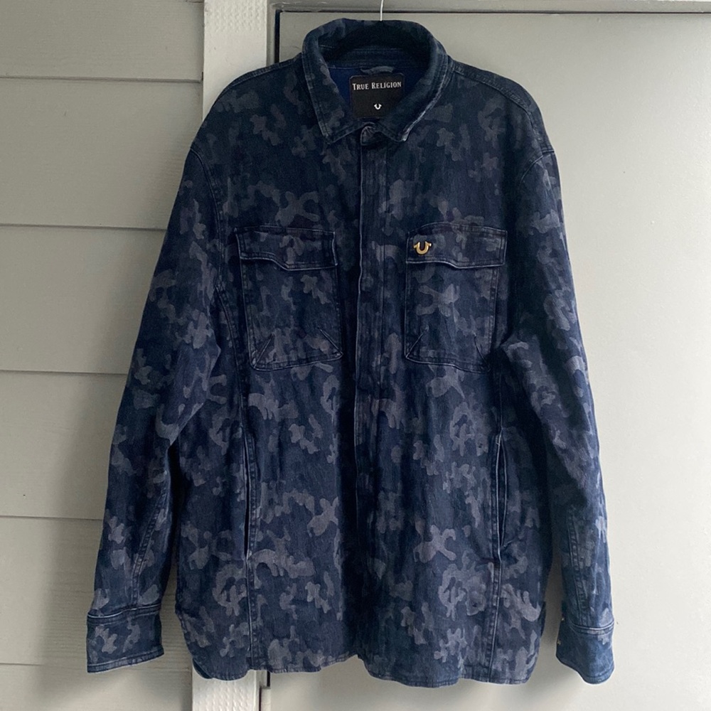 True Religion Men's Jacquard Indigo blue Camo Print Field Jacket